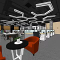 Public Office Space With Geometric Ceiling Lights Open Layout Workstations And Orange Armchairs 3d model