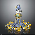 Rotating Amusement Ride Building with Central Tower MOON STAR Sign Yellow Cars and Blue Accents