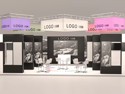 Well Designed Exhibition Booth With Colorful Ceiling Multiple Logos Seating Area And Display Wall 3d model
