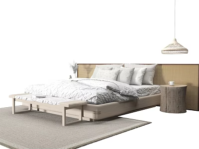 Minimalist Double Bed Design With Light Bedding Wooden Headboard And Pendant Light 3d model