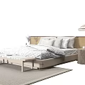 Minimalist Double Bed Design With Light Bedding Wooden Headboard And Pendant Light