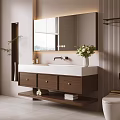 Modern Wooden Bathroom Vanity Cabinet With Double Sink Large Mirror Drawers Shelf And Natural Light