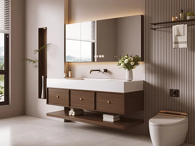 Modern Wooden Bathroom Vanity Cabinet With Double Sink Large Mirror Drawers Shelf And Natural Light 3d model