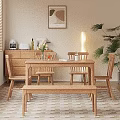 Cozy Home Dining Room Wooden Table Chairs Set With Bench Vase Flowers And Window Blinds