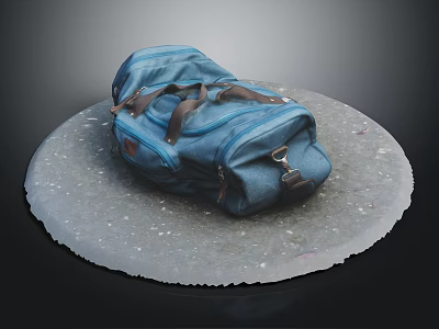 Blue Denim Backpack Placed On Circular Stone Platform With Black Background 3d model
