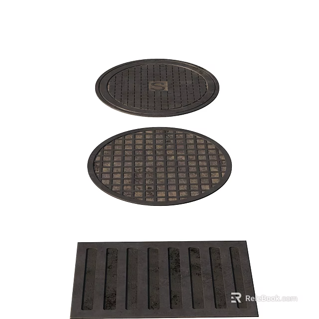 Different Types Of Road Facilities Including Circular Manhole Covers And Rectangular Drainage Grates 3d model 