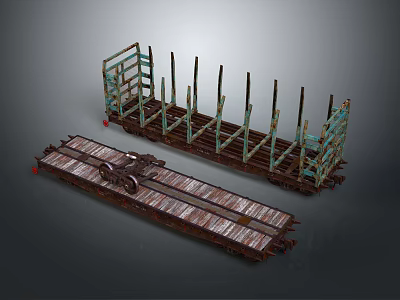 Rusty Vintage Train Flatcars With Wooden Decks And Metal Frames 3d model