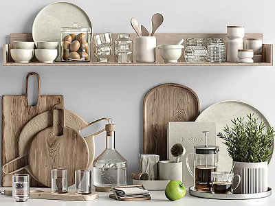 Kitchen Utensils Collection Featuring Wooden Cutting Boards Glass Cups Jars Spoons And Green Plant 3d model