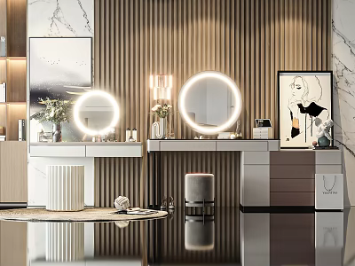 Elegant Modern Dressing Table With Ring Lights Round Mirrors Stool And Cosmetics On Wooden Wall 3d model