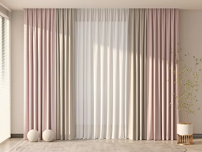 Soft Pink Gray Curtains with White Sheer Panels in Window Area with Plant and Balls 3d model