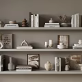 Decorative Ornament Set on Beige Shelves with Books Vases Sculptures Dried Plants and Frames