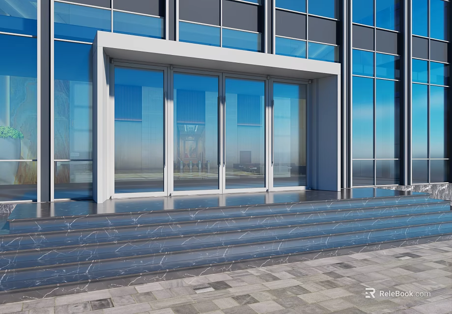 Modern Building Glass Entrance Door With Marble Steps And Glass Curtain Wall 3d model 
