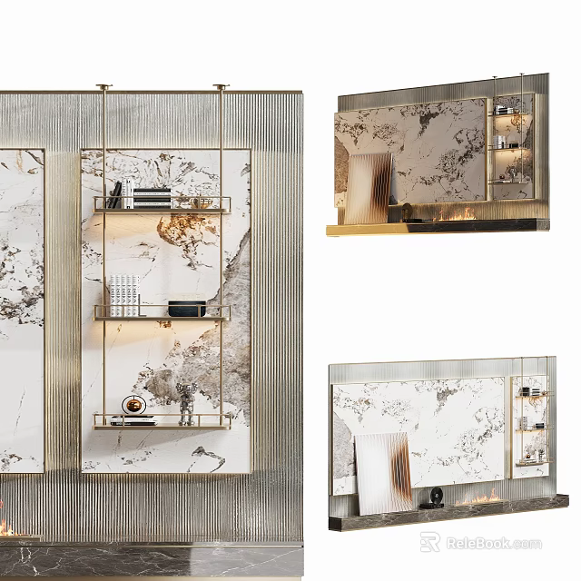 Elegant Modern TV Background Wall With Marble Texture Metal Frame Shelves And Mirror Reflection 3d model