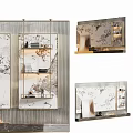 Elegant Modern TV Background Wall With Marble Texture Metal Frame Shelves And Mirror Reflection 3d model