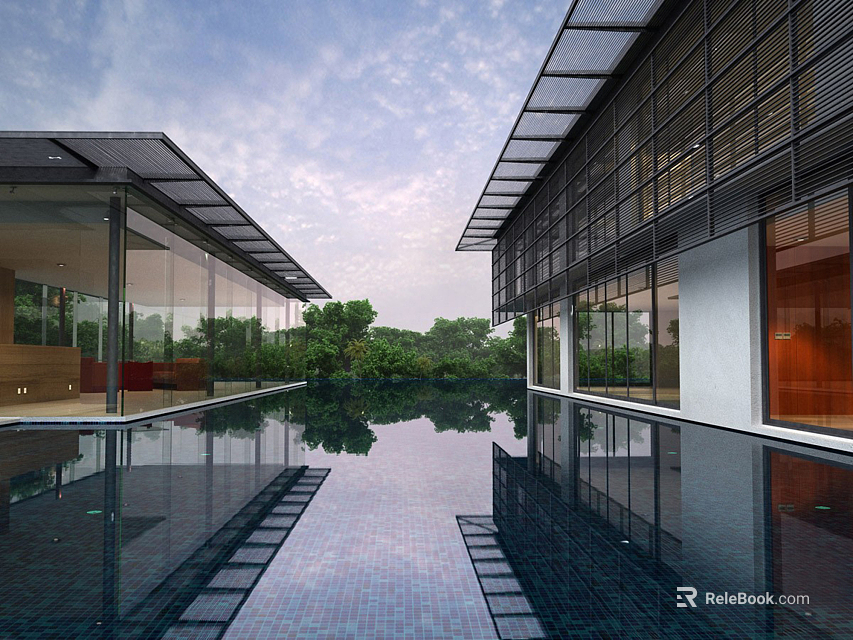 Tranquil Modern Architecture Scenery with Glass Buildings Swimming Pool Reflections and Greenery 3d model 