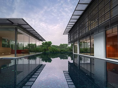 Tranquil Modern Architecture Scenery with Glass Buildings Swimming Pool Reflections and Greenery 3d model
