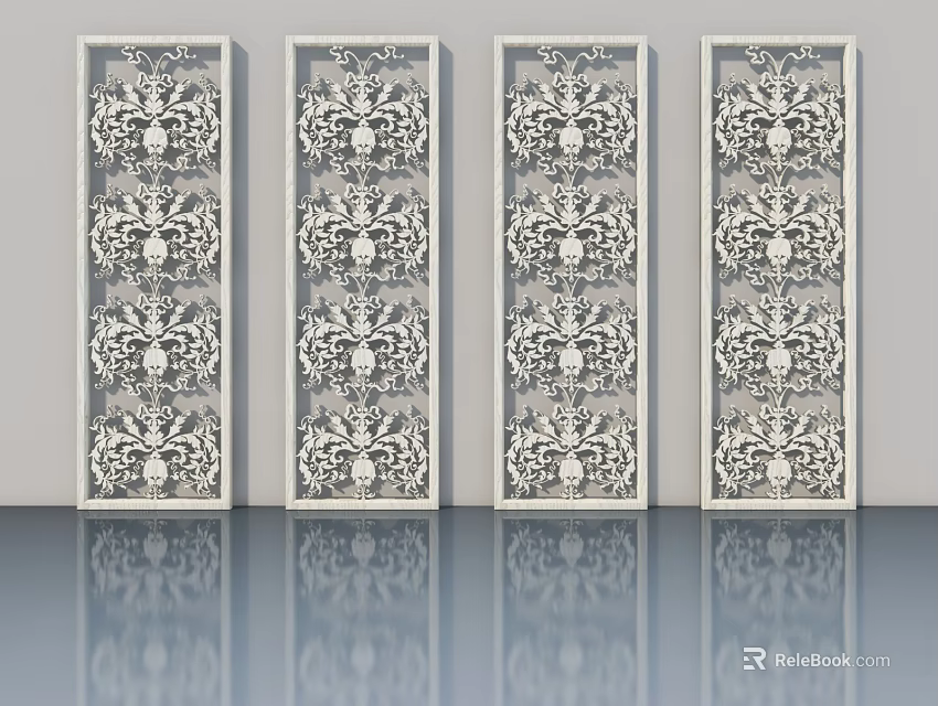 White Casement Doors with Intricate Decorative Patterns Four Panel on Reflective Floor 3d model