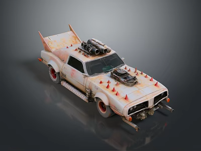 Rusty Modified Car Featuring Spikes Exposed Engine Rear Wing And Red Rims 3d model