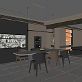 Modern Restaurant Interior With Open Kitchen Black Cabinets Marble Dining Table And Pendant Light