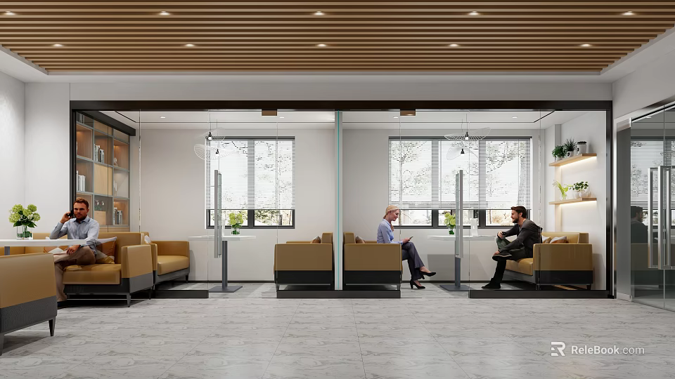 Modern Office Lounge Area With Comfortable Sofas Large Windows And Indoor Plants 3d model 