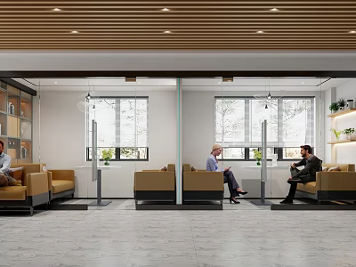 Modern Office Lounge Area With Comfortable Sofas Large Windows And Indoor Plants 3d model