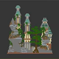 Cartoon Fantasy Castle Scene With Green Towers Trees And Rock Structures