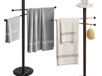 Stylish Bath Towels On Modern Towel Stand With Gray Beige Striped Design And Loofah 3d model
