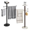 Stylish Bath Towels On Modern Towel Stand With Gray Beige Striped Design And Loofah