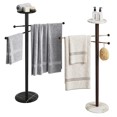 Stylish Bath Towels On Modern Towel Stand With Gray Beige Striped Design And Loofah 3d model