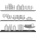 Transparent Glass Tableware Set Including Wine Glasses Mugs Bottles Plates And Bowls On Shelves