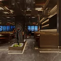 Modern Restaurant Interior With Food Display Cases Digital Screens And Counter