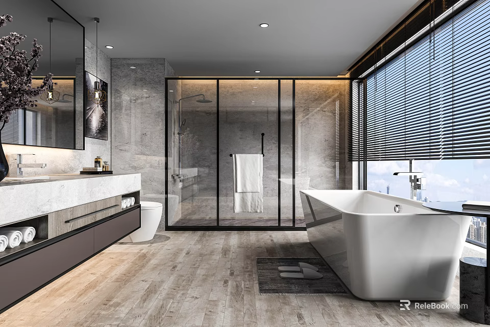 Modern Bathroom Interior Featuring Glass Shower Freestanding Bathtub Marble Vanity And Large Windows With Blinds 3d model 
