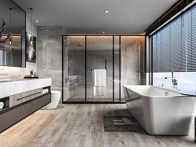 Modern Bathroom Interior Featuring Glass Shower Freestanding Bathtub Marble Vanity And Large Windows With Blinds 3d model