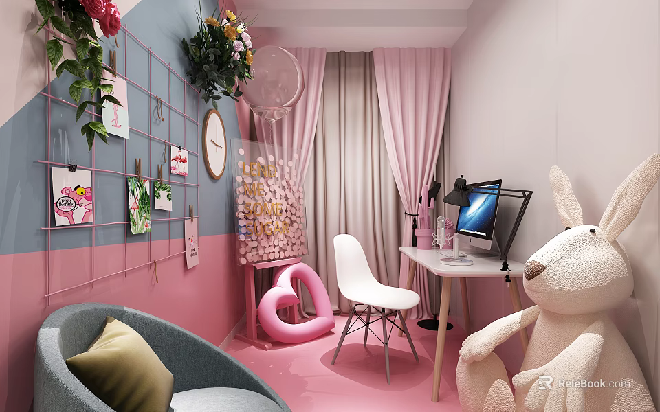 Cozy Public Office Area Featuring Pink Blue Walls Green Plants Photos White Chair And Computer 3d model 