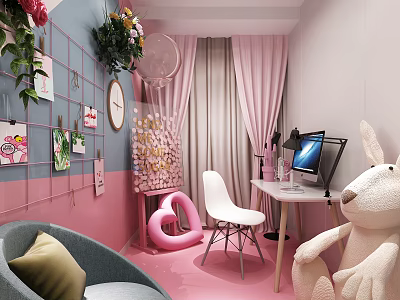 Cozy Public Office Area Featuring Pink Blue Walls Green Plants Photos White Chair And Computer 3d model