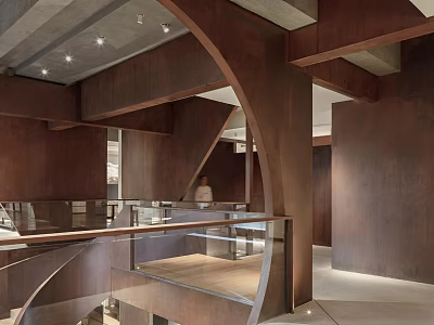 Modern Boutique Interior With Wooden Structure Glass Railing And Spiral Staircase 3d model