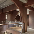 Modern Boutique Interior With Wooden Structure Glass Railing And Spiral Staircase