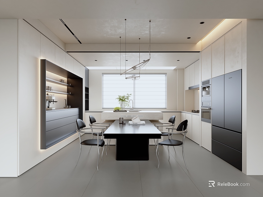 Modern Kitchen Interior Design With White Cabinets Black Dining Table Chairs Hanging Lights And Appliances 3d model 