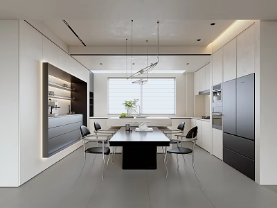 Modern Kitchen Interior Design With White Cabinets Black Dining Table Chairs Hanging Lights And Appliances 3d model