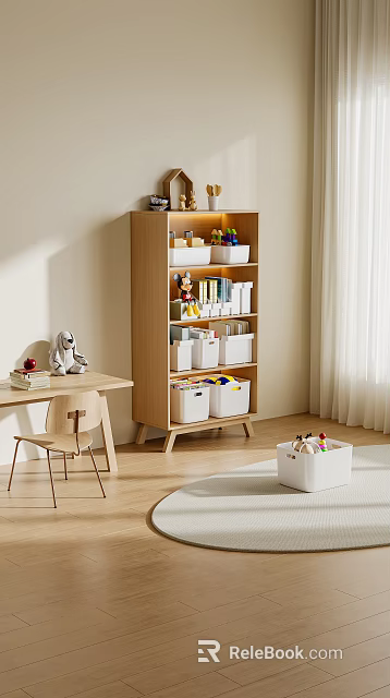 Decorative Ornament Set with Wooden Storage Shelf White Boxes Books and Stuffed Toy 3d model 
