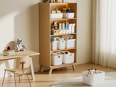 Decorative Ornament Set with Wooden Storage Shelf White Boxes Books and Stuffed Toy 3d model