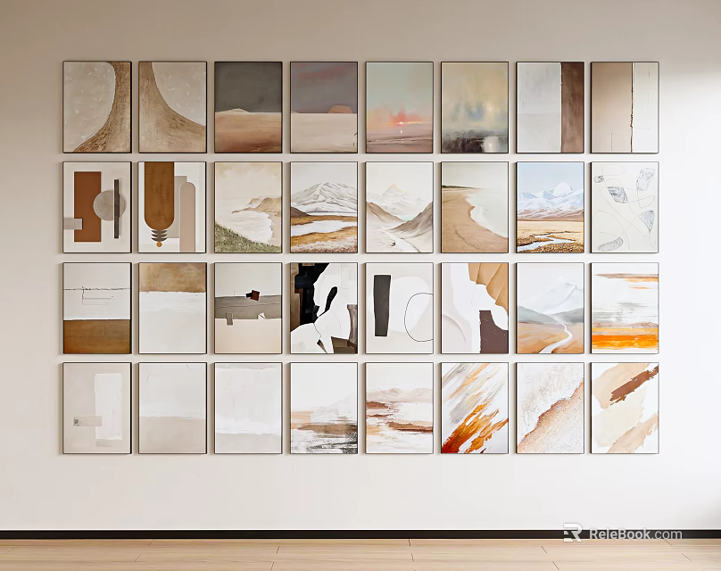 Abstract Wall Art Collection Featuring Neutral Tones And Diverse Paintings On White Wall 3d model 