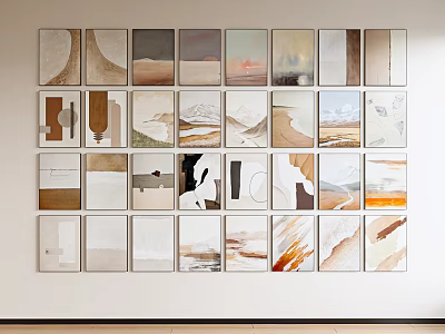 Abstract Wall Art Collection Featuring Neutral Tones And Diverse Paintings On White Wall 3d model