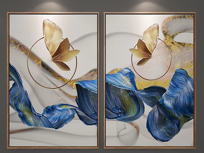 Elegant Modern Abstract Paintings With Blue Gold Butterflies And Circular Lines 3d model