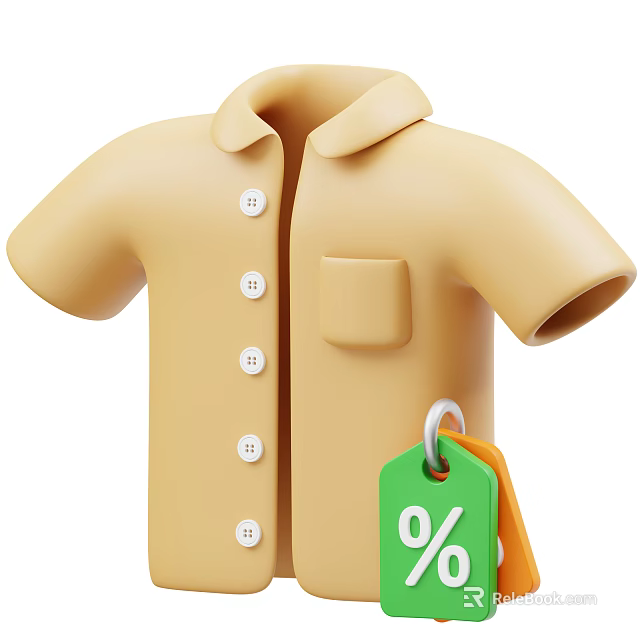 Yellow Short Sleeve Shirt With White Buttons Chest Pocket Green Discount Tag And Percentage Sign 3d model 