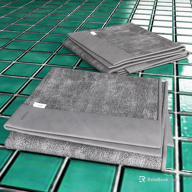 Folded Grey Textured Towels Displayed on Green Tile Floor Surface 3d model 
