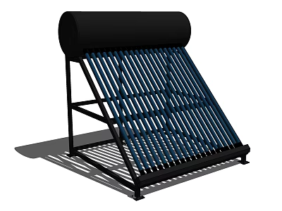 Solar Water Heater System With Black Storage Tank And Blue Collector Tubes On Stand 3d model