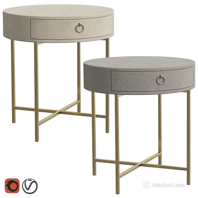 Modern Round Side Tables With Single Drawer Gray Upholstered Top Gold Metal Legs And X Frame Design 3d model 