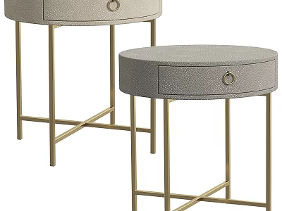 Modern Round Side Tables With Single Drawer Gray Upholstered Top Gold Metal Legs And X Frame Design 3d model