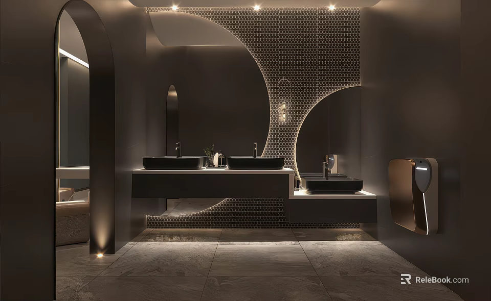 Modern Luxury Dark Tone Public Toilet With Double Vanity Sinks And Warm Ambient Lighting Design 3d model 